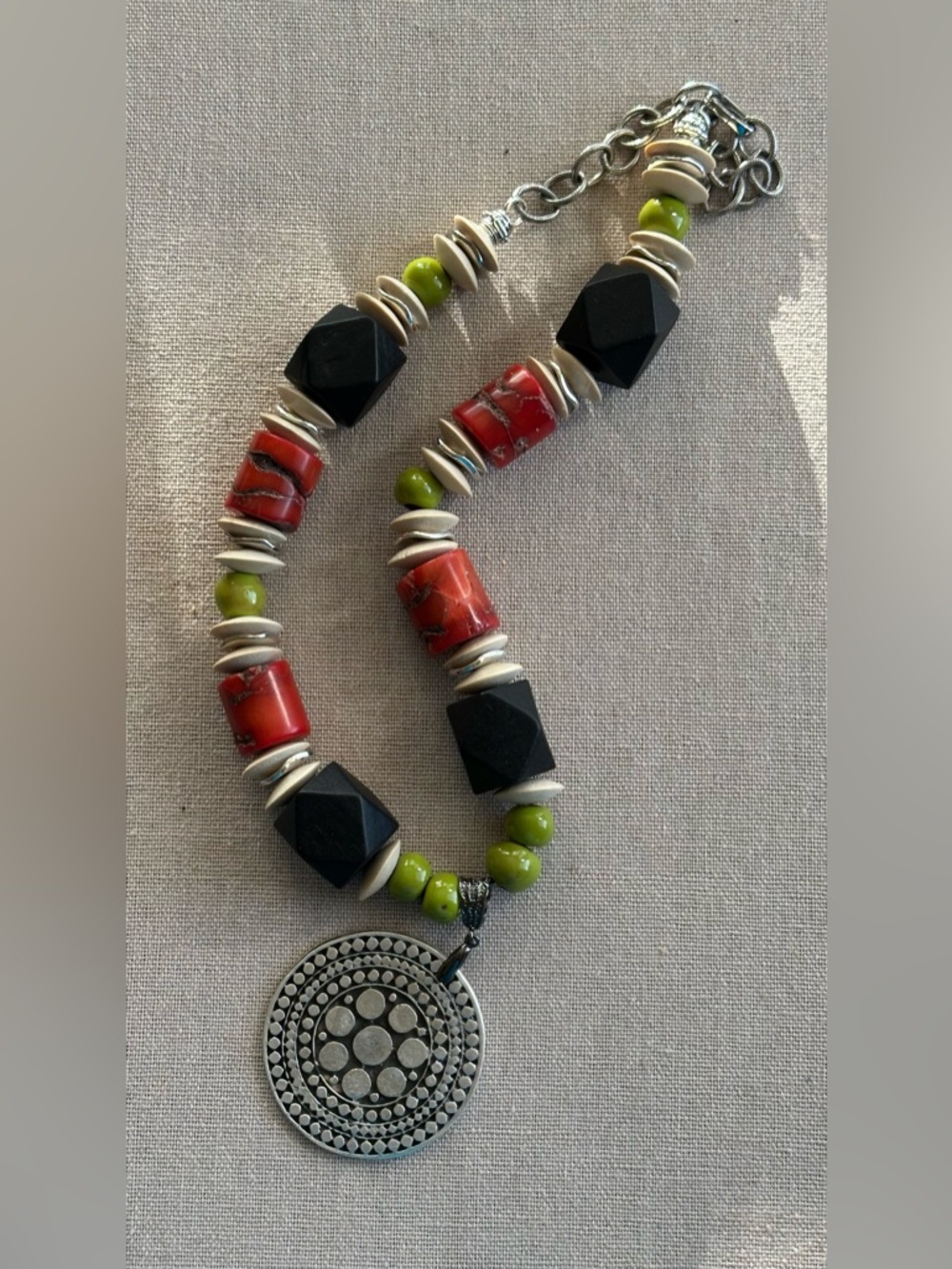 24 inch Colorful Coral and Wood bead necklace NWOT
